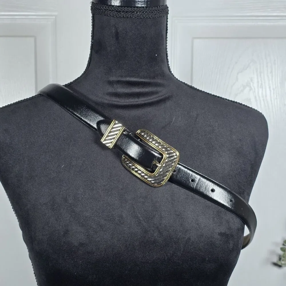 Vintage Millennium Black Leather Belt Large Two-tone Hardware 1998 - Picture 1 of 7